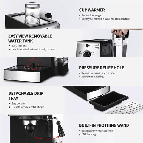 Pro Level Home Espresso Machine With Smooth Milk Frother Handle And Precision Pressure Dials showing cup warmer, water tank, pressure relief, and drip tray.