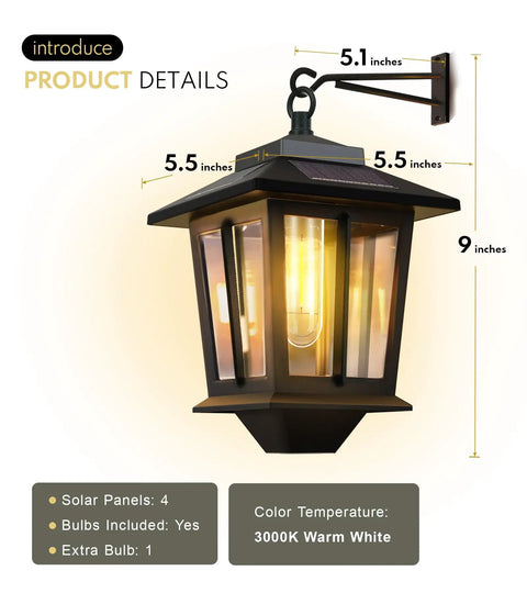 2 Pack Solar Wall Lanterns Outdoor LED Sconce With Four Solar Panels Dusk To Dawn Anti Rust Waterproof Aluminum Lanterns