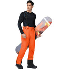 Man wearing Men's Insulated Snow Bibs With Detachable Suspenders Warm Waterproof Ski Pants For Cold Powder Days Orange Size M