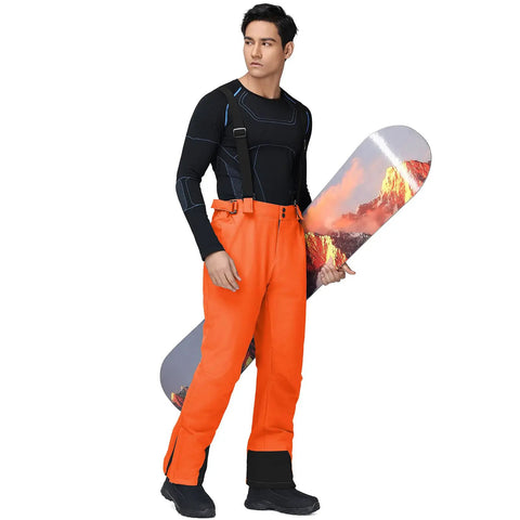 Man wearing Men's Insulated Snow Bibs With Detachable Suspenders Warm Waterproof Ski Pants For Cold Powder Days Orange Size M