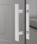 12 Inch Push Pull Door Handle Set For Glass And Wood Doors Double Sided H Shape Stainless Steel Bar With Sleek Chrome Mirror Finish Back To Back Pair For Double Doors Flat Rectangle Style Fit 0.47 Inch Door Thickness on gray glass door