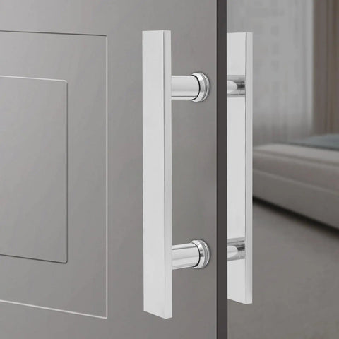 12 Inch Push Pull Door Handle Set For Glass And Wood Doors Double Sided H Shape Stainless Steel Bar With Sleek Chrome Mirror Finish Back To Back Pair For Double Doors Flat Rectangle Style Fit 0.47 Inch Door Thickness on gray glass door