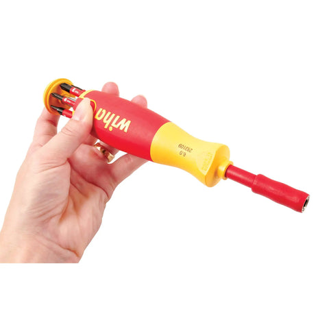 Hand holding the Insulated SlimLine Ultra Driver Blade Set with Slotted and Phillips Bits, 7 Piece Kit for Pros and DIYers.