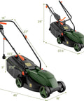 Electric Walk Behind Lawn Mower With 10 Amp Motor And 13 Inch Cutting Deck Grass Collection Bag 3 Adjustable Cutting Heights Corded Mower For Small To Medium Lawns Easy Start Go To Tool For Fast Garden Care, shown with dimensions