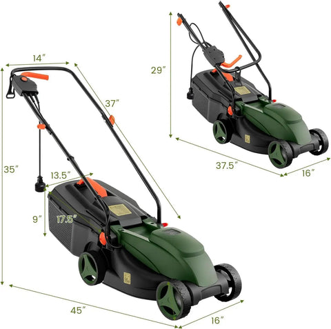 Electric Walk Behind Lawn Mower With 10 Amp Motor And 13 Inch Cutting Deck Grass Collection Bag 3 Adjustable Cutting Heights Corded Mower For Small To Medium Lawns Easy Start Go To Tool For Fast Garden Care, shown with dimensions