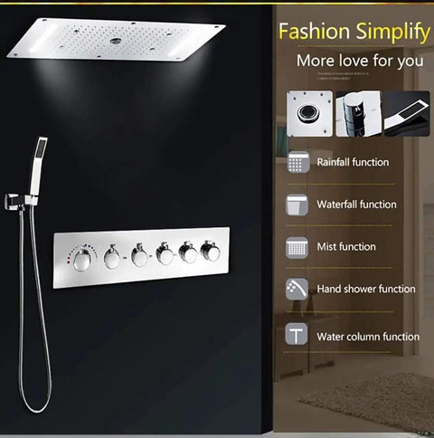 Heavy Duty 15 By 28 Inch Led Ceiling Rain Shower Head With Handheld Spray Antique Brass Finish, modern controls, multiple functions.