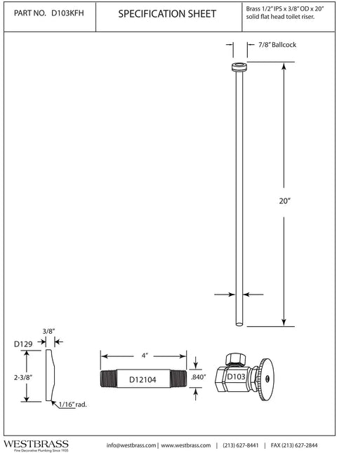 Specification sheet for Flat Head Toilet Supply Kit With Round Handle Angle Stop 1/2 In IPS Inlet 3/8 In OD Compression 20 In Matte Black.