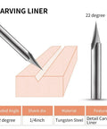 1/4 Inch Shank 22 Degree Engraving Router Bit For CNC Wood Carving With V Groove Profile And 5/8 Inch Cutting Length Tungsten Steel Liner Bit