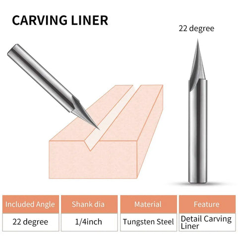 1/4 Inch Shank 22 Degree Engraving Router Bit For CNC Wood Carving With V Groove Profile And 5/8 Inch Cutting Length Tungsten Steel Liner Bit