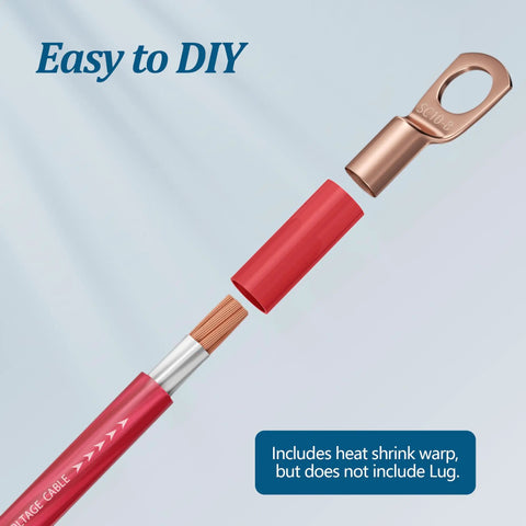 8 Gauge Power Ground Wire Kit for Car Audio with red CCA cable, heat shrink tube, and lug demonstration.