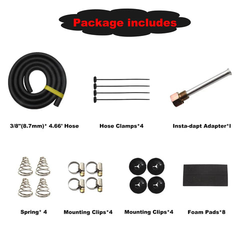 Image of Premium Transmission Cooler Kit package contents including hose, clamps, adapter, and more for subcompact cars.