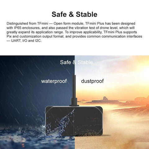 TFmini Plus LiDAR Sensor Module, IP65 waterproof and dustproof, for drones and robots, shown in rugged conditions.