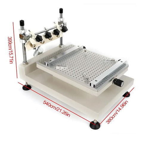 3040 Solder Paste Printer Machine For PCB Manual Stencil Printing with aluminum platform and adjustable mounts.