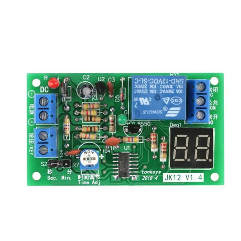 12V Digital LED Countdown Timer And Delay Relay Module With Adjustable 1 To 99 Seconds Or Minutes Trigger To Connect And Auto Disconnect Dope DIY Automation For Home Projects And Electronics - close-up view of circuit board with digital display and relay components.