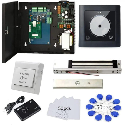 TCPIP Based One Door Access Kit With 2D QR Code Scan, RFID Card And Fob Entry, 600Lb Magnetic Lock, 110V Power Box, components