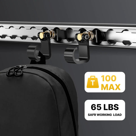 2 Pack L Track Hooks with Single Stud Fitting Spring Loaded Adjustable Gear Hook 100 lbs Max Load in use with backpack