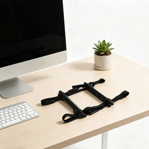Heavy Duty Under Desk PC Tower Mount Rack With Stainless Steel Anti Vibration Caging and Heavy Duty Ratchet Straps on desk