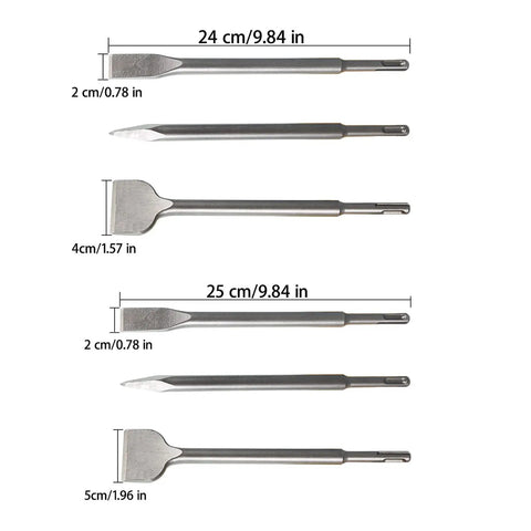 Heavy Duty Concrete Chisel Set, 6 Piece For Rotary Hammers, Includes 20mm And 40mm Flat Chisels, 250mm Point Chisel, Dimensions Shown
