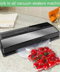 Vacuum sealer with 11x20 bag filled with red tomatoes, showing Three Pack 11x20 Vacuum Sealer Rolls BPA Free For Clamp Style Machines.