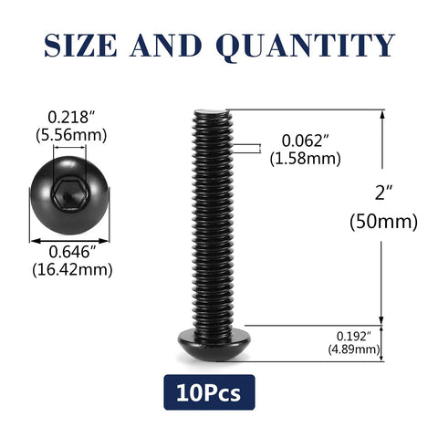 3/8-16 X 2 Button Head Socket Cap Bolts 10 Pack 18-8 Stainless Steel Black Oxide Finish With Hex Wrench size dimensions displayed.