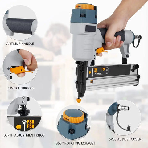 Straight Shooting Pro Level Heavy Duty Pneumatic Air Nailer For Carpentry And Fences With Adjustable Depth Control And Ergonomic Handle Accepts T50 F50 440K Fasteners