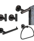 Oil Rubbed Bronze Bathroom Hardware Set Five Piece Bath Accessories With Wall Mount Includes 24 Inch Towel Bar 7 Inch Towel Ring Toilet Paper Holder And Two Towel Hooks Premium Stainless Steel T304 For Rust Resistance with towel bar, ring, hooks, and holder visible.