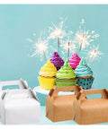 Cupcakes with sparklers next to 30 Pack Kraft Paper Gift Boxes Set Thick Cardboard Food Safe Flat Folded for Easy Storage Perfect for Packaging Weddings