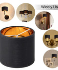 Clip On Drum Lamp Shades Set Of 6 For Candle Bulbs Only Black Gold Small Chandelier Lampshades 5.5 Inch Top Diameter, 5.5 Inch Bottom Diameter, 5 Inch Tall, Easy Clip On Install, shown in various light fixtures