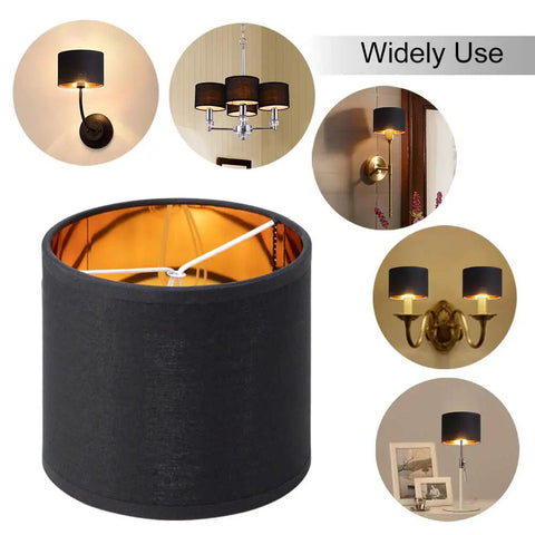 Clip On Drum Lamp Shades Set Of 6 For Candle Bulbs Only Black Gold Small Chandelier Lampshades 5.5 Inch Top Diameter, 5.5 Inch Bottom Diameter, 5 Inch Tall, Easy Clip On Install, shown in various light fixtures