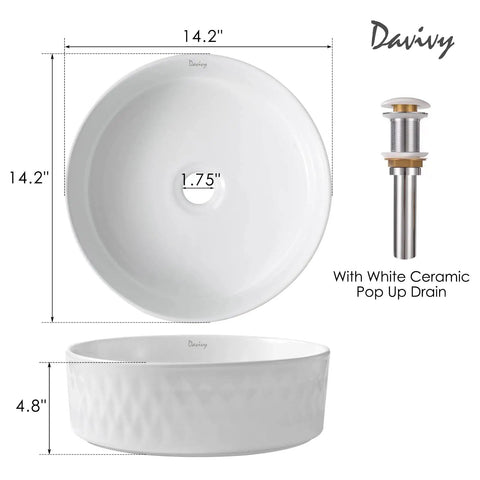 Round Ceramic Vessel Bathroom Sink With Pop Up Drain, Above Counter Vanity Sink For Modern Bathrooms, 14.2 Inch White Ceramic Vessel Sink, Go-To Countertop Choice, Easy Clean, European Modern Look, dimensions and drain details.