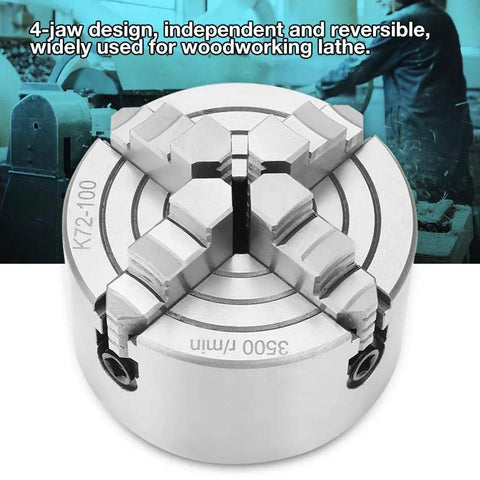 Premium 4 Inch Independent Four Jaw Lathe Chuck Featuring Reversible Steel Jaws, close-up view of steel jaws for accurate clamping.