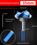 Front view of 35mm hinge bore bit with blue handle; adjustable 40mm depth and L-shaped Allen key.