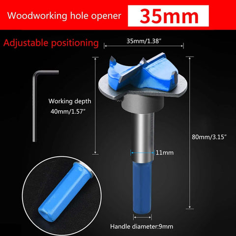 Front view of 35mm hinge bore bit with blue handle; adjustable 40mm depth and L-shaped Allen key.