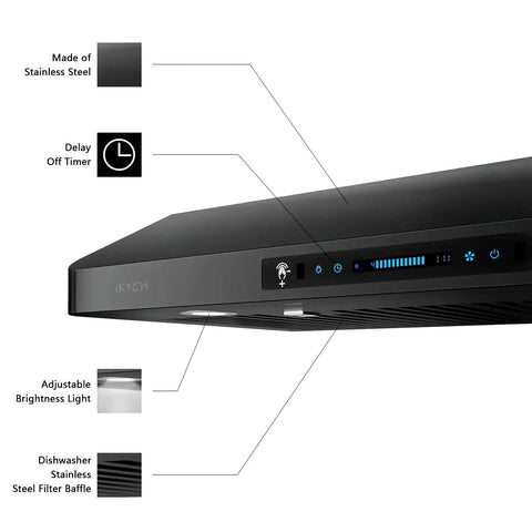 36 Inch Range Hood With 900 CFM Dual Motors Black Under Cabinet Kitchen Vent Hood Featuring Four Speed Gesture Sensing