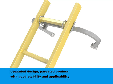 Adjustable Aluminum Corner Ladder Stabilizer With Non Slip Creamy White Rubber Mat C Shaped Roof Ladder Hook Stabilizer Wall Protector And Scratch Resistant Fits Most Ladders No Fuss Easy Install Heavy Duty Yet Lightweight Build, side view on ladder
