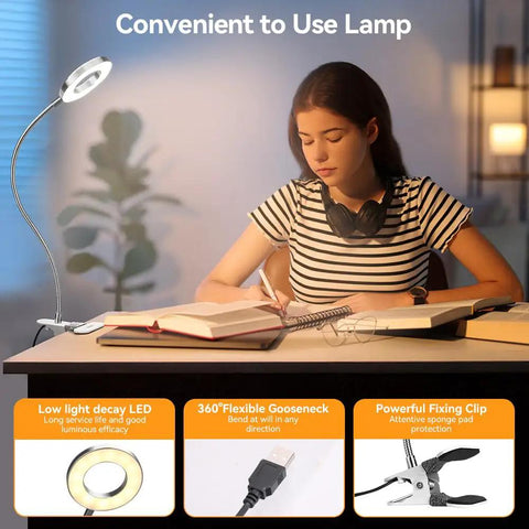 Clip On LED Desk Light With Clamp And Flexible Gooseneck 3 Color Modes And 10 Brightness Levels used by woman studying at desk