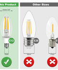 E12 Outdoor Dusk To Dawn Light Bulbs C35 B11 5W 60W Equivalent 500LM 2700K Soft White shown in size comparison with E26 and E17