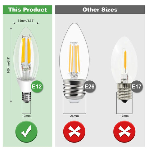 E12 Outdoor Dusk To Dawn Light Bulbs C35 B11 5W 60W Equivalent 500LM 2700K Soft White shown in size comparison with E26 and E17