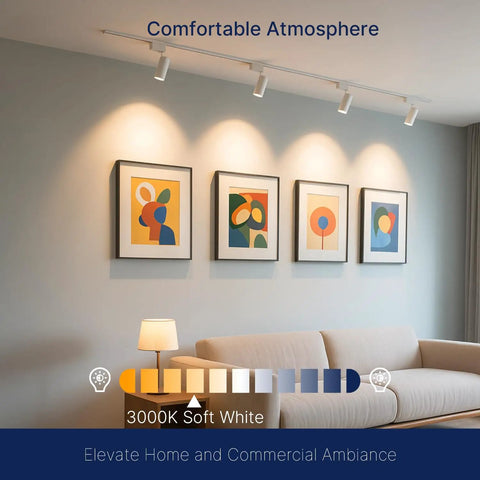 J Type LED Track Lighting Heads 12W Equivalent To 75W 3000K Soft White 800 Lumens CRI90 Dimmable Spotlight Heads With 24 Degree Beam For Precise Accent Lighting White Finish 4 Pack installed in living room highlighting artwork on wall above a sofa.