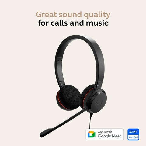 Evolve 20 Dual-Ear Wired Headset For Office And Work From Home with noise-canceling mic, black, USB-C/USB-A, shown on beige background