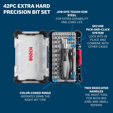 Two-In-One 42-Piece Extra Hard Precision And Standard Screwdriver Bit Set With Two Magnetic Handles displayed in open case
