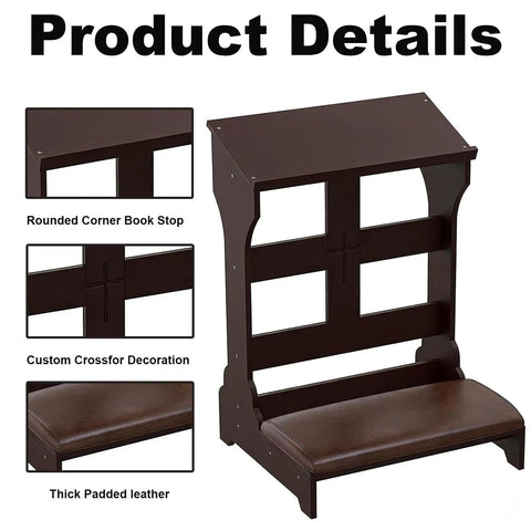 Foldable Wooden Prayer Kneeler With Padded Cushion, Portable Brown Kneeling Bench, Solid Wood Stand with slanted tabletop.
