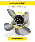 Top view of stainless steel 13 by 17 inch boat propeller for Yamaha outboard engines 50 to 130 HP, illustrating right hand rotation.
