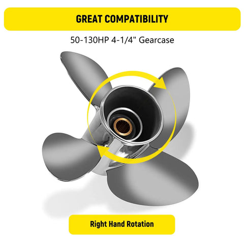 Top view of stainless steel 13 by 17 inch boat propeller for Yamaha outboard engines 50 to 130 HP, illustrating right hand rotation.