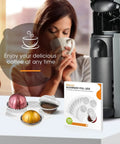 Woman enjoying coffee beside a Nespresso machine with 120 Pack Aluminum Foil Seal Lids For Reusable Nespresso Pods Vertuo Compatible.
