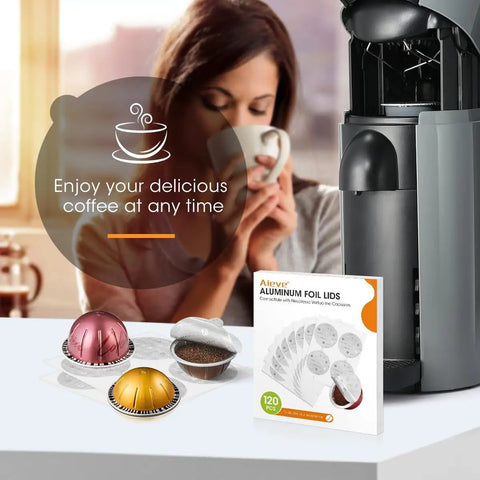 Woman enjoying coffee beside a Nespresso machine with 120 Pack Aluminum Foil Seal Lids For Reusable Nespresso Pods Vertuo Compatible.
