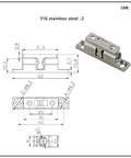 Diagram and 3D view of Stainless Steel Hinge For Industrial Cabinets, Detachable Corner Mount, 316 SS-2, with dimensions displayed.