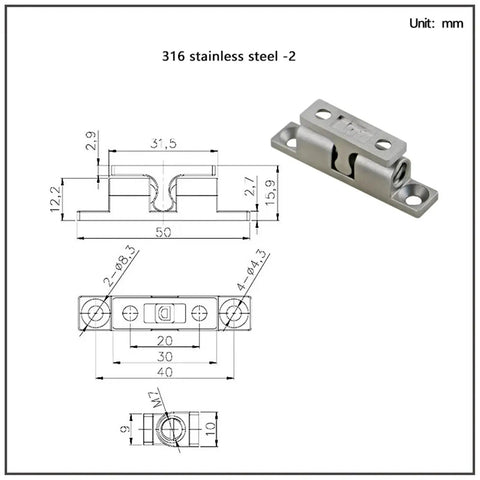 Diagram and 3D view of Stainless Steel Hinge For Industrial Cabinets, Detachable Corner Mount, 316 SS-2, with dimensions displayed.