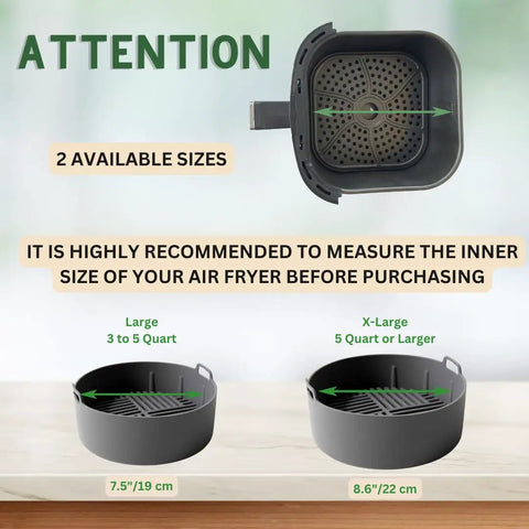 Sturdy Silicone Air Fryer Liners For 5 To 8 Qt Baskets, showing two sizes with measurements for better fit.