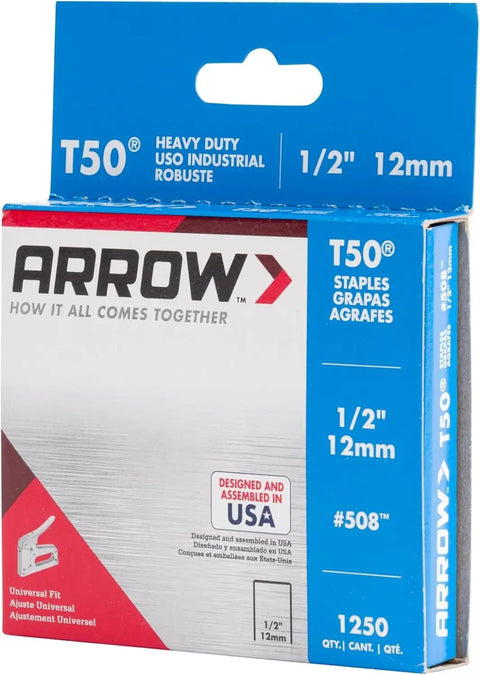 Badass T50 Heavy Duty Staples Featuring 1/2 Inch Legs And 3/8 Inch Crowns For Upholstery Construction Furniture Repairs And Crafts 1250 Pack on display box.